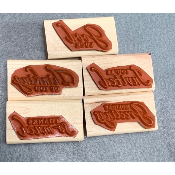 Set Of 5 Sentiment Rubber Stamps - Good Luck Thinking of You You're Invited - Picture 2 of 4